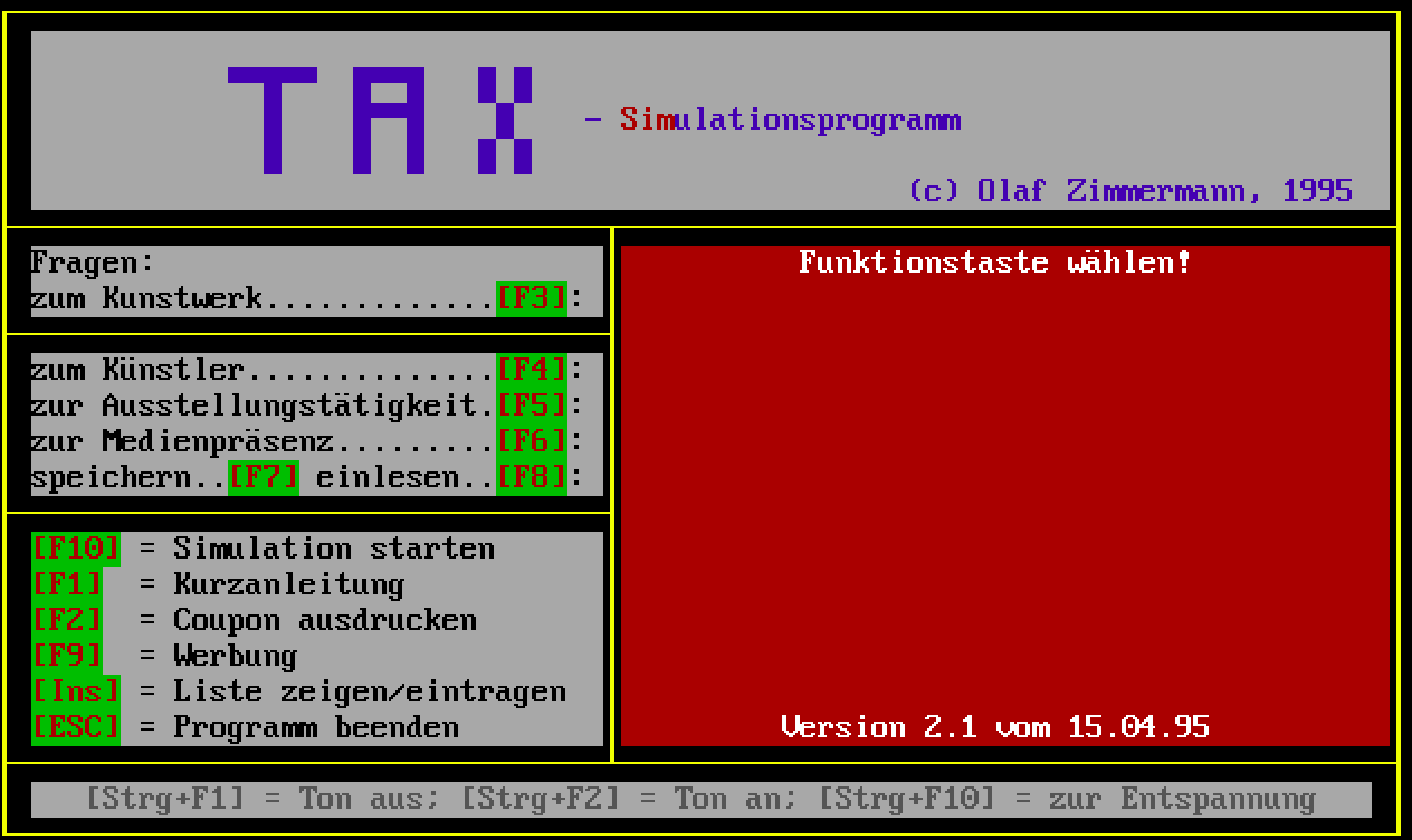 Startbildschirm des TaxSim-Kunstverkaufspreissimulators